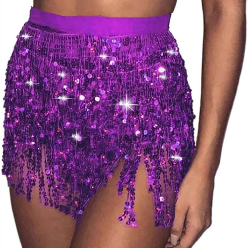 🖤Purple Sequin Fringe Skirt Scarf FESTIVAL DISCO BELLY DANCE